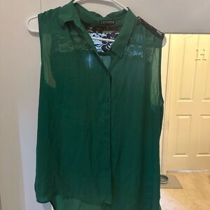 Express Sleeveless Emerald Green Button-Front Sheer Blouse with Lace Back